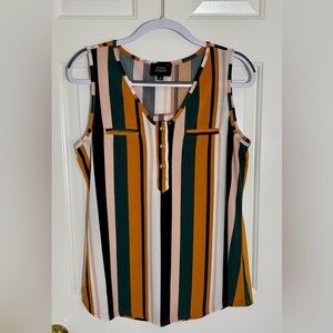 Fifty Street Striped Sleeveless Henley Tank - Green, Mustard, Black, Cream
